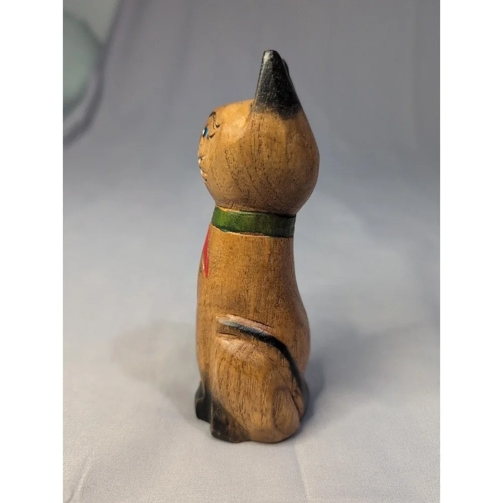Vintage‎ Wood Hand Carved Siamese Cat Figure Collectible Decor Good Luck Cat